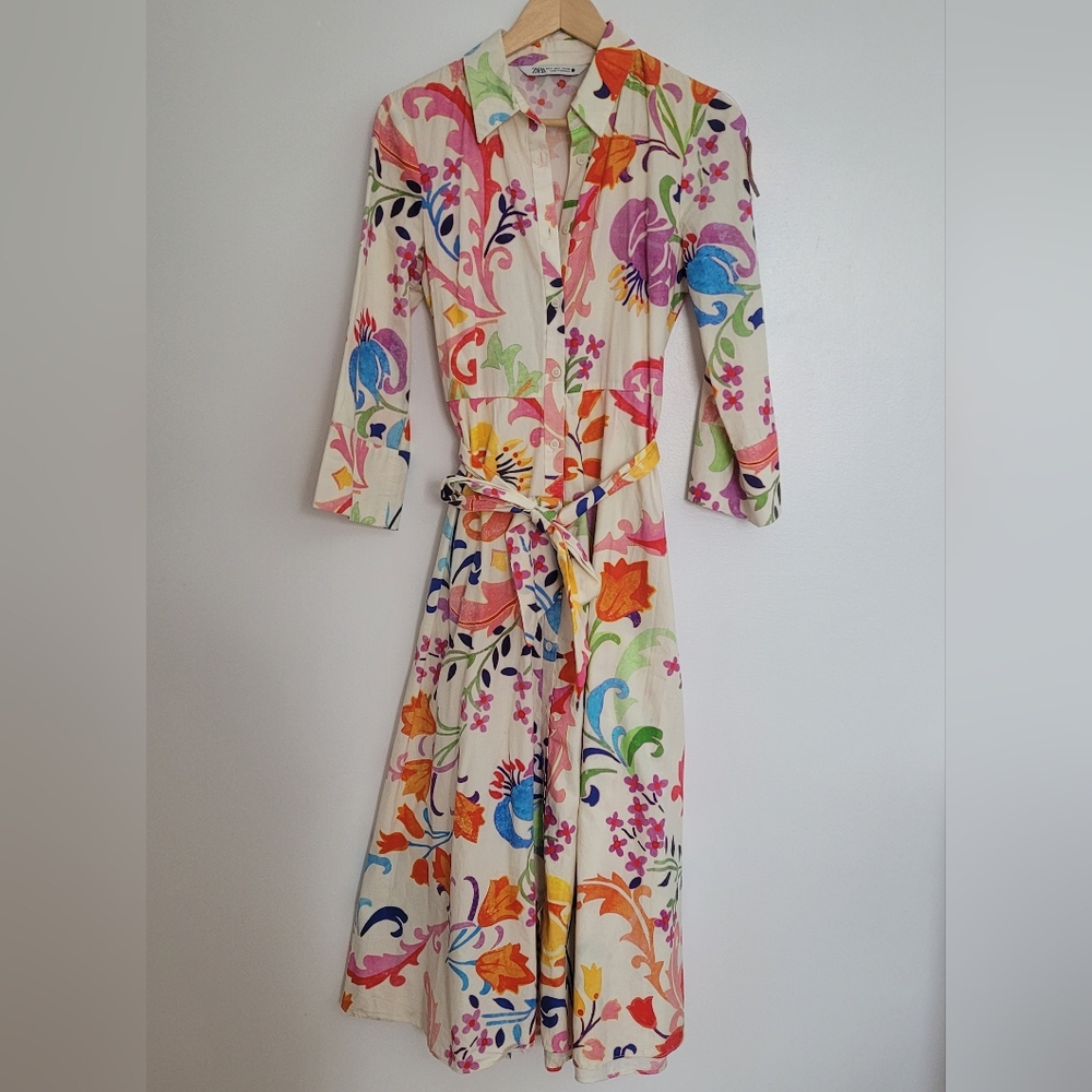 Zara Floral Midi Shirt Dress Long Sleeve Size S Tie Belt Watercolor Flowers - Picture 2 of 14